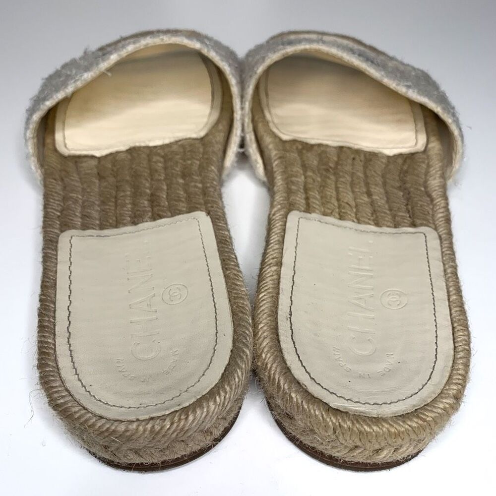 Chanel CC Espadrille Slide Sandals EU 40 US 9-9.5 Ivory Tweed Flat Slip On Logo - Picture 7 of 10